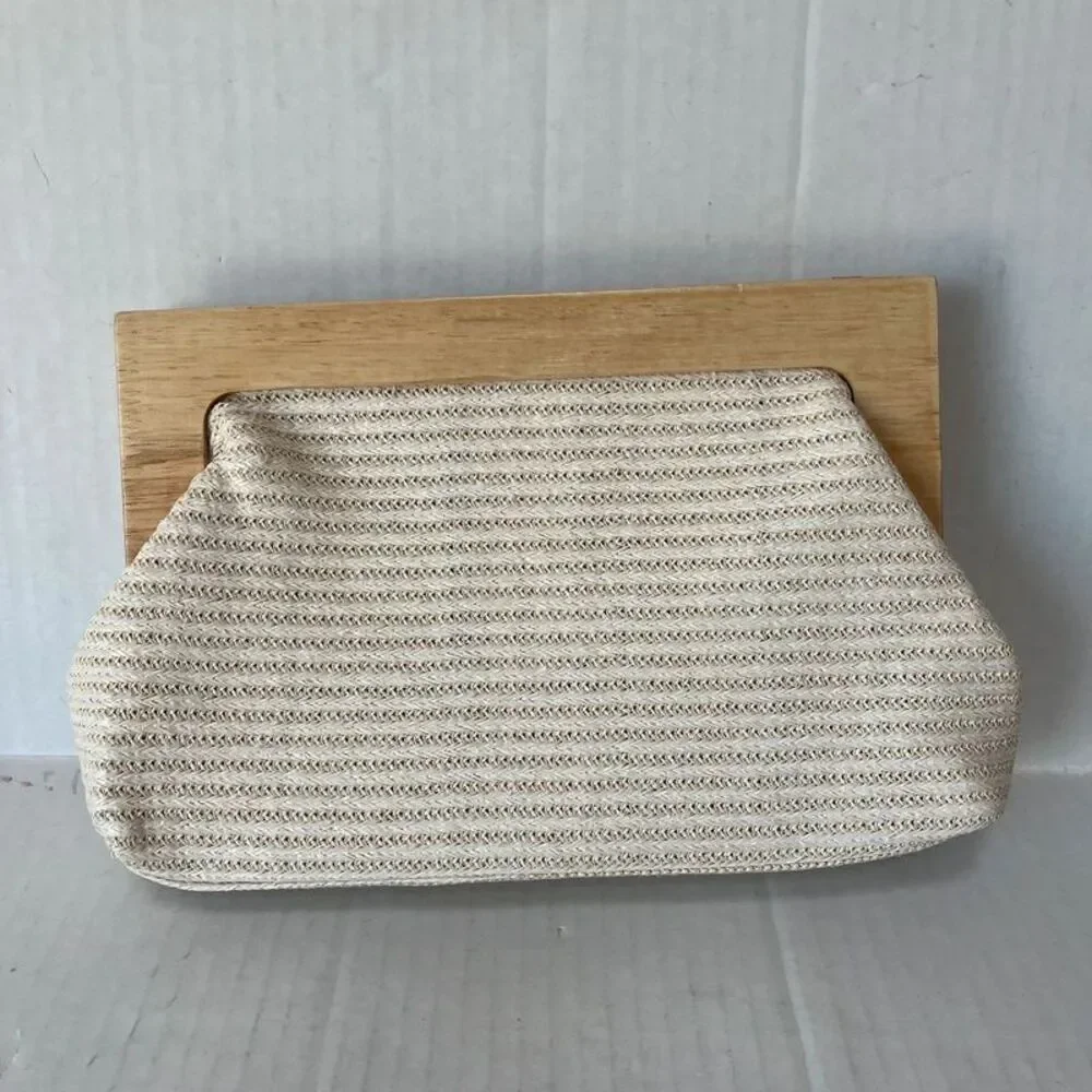 Tommy Bahama woven raffia structured clutch boho crossbody chain strap wood fram